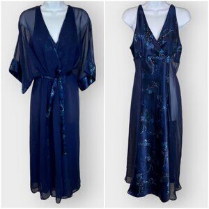 Vtg Cinema Etoile Peignoir and Chemise Set | Blue Floral | Satin Sheer Lingerie